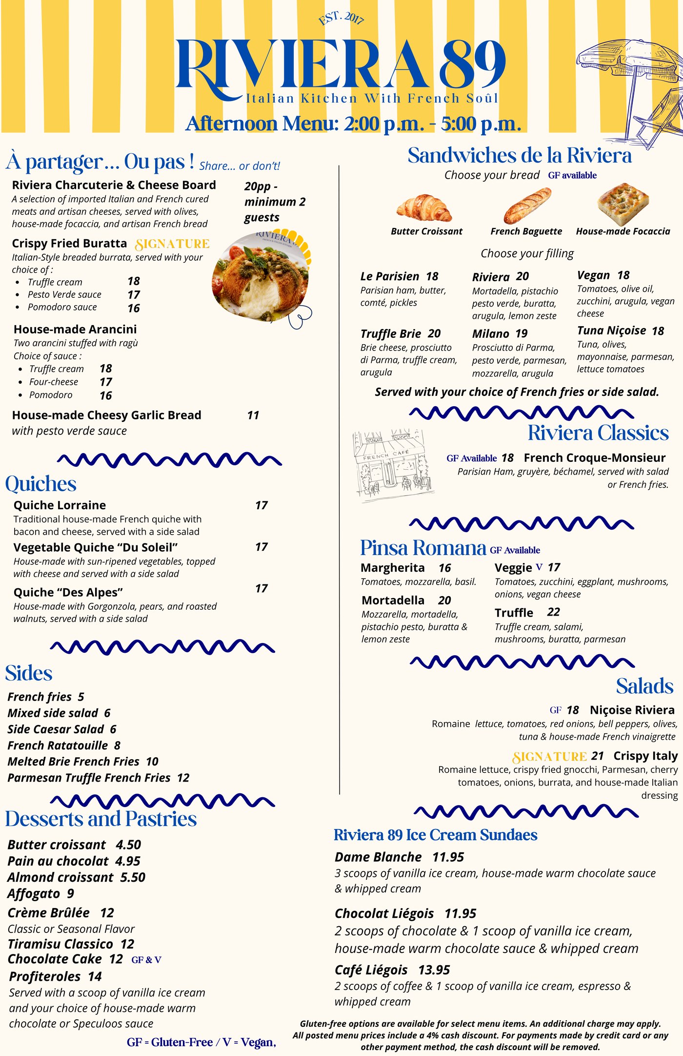 Riviera 89 Afternoon menu