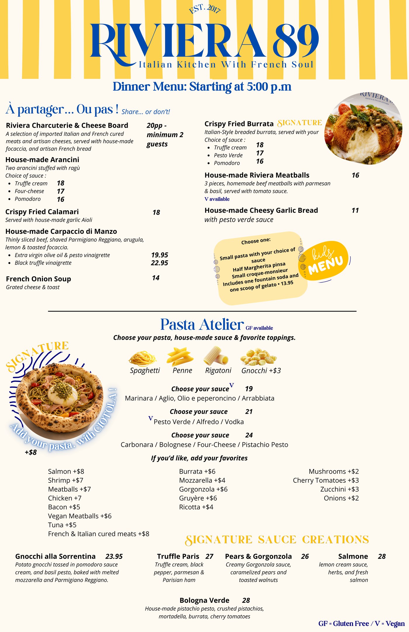 Riviera 89 Dinner menu, page 1