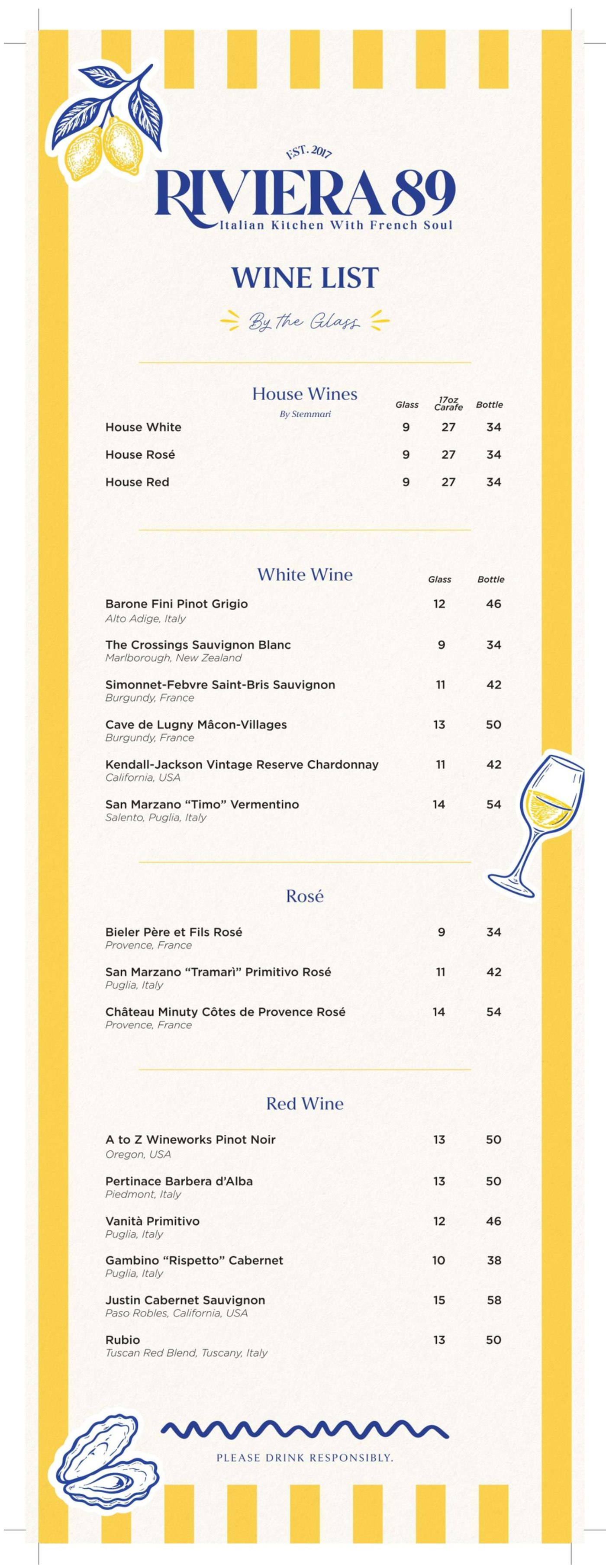 Riviera 89 Wine list