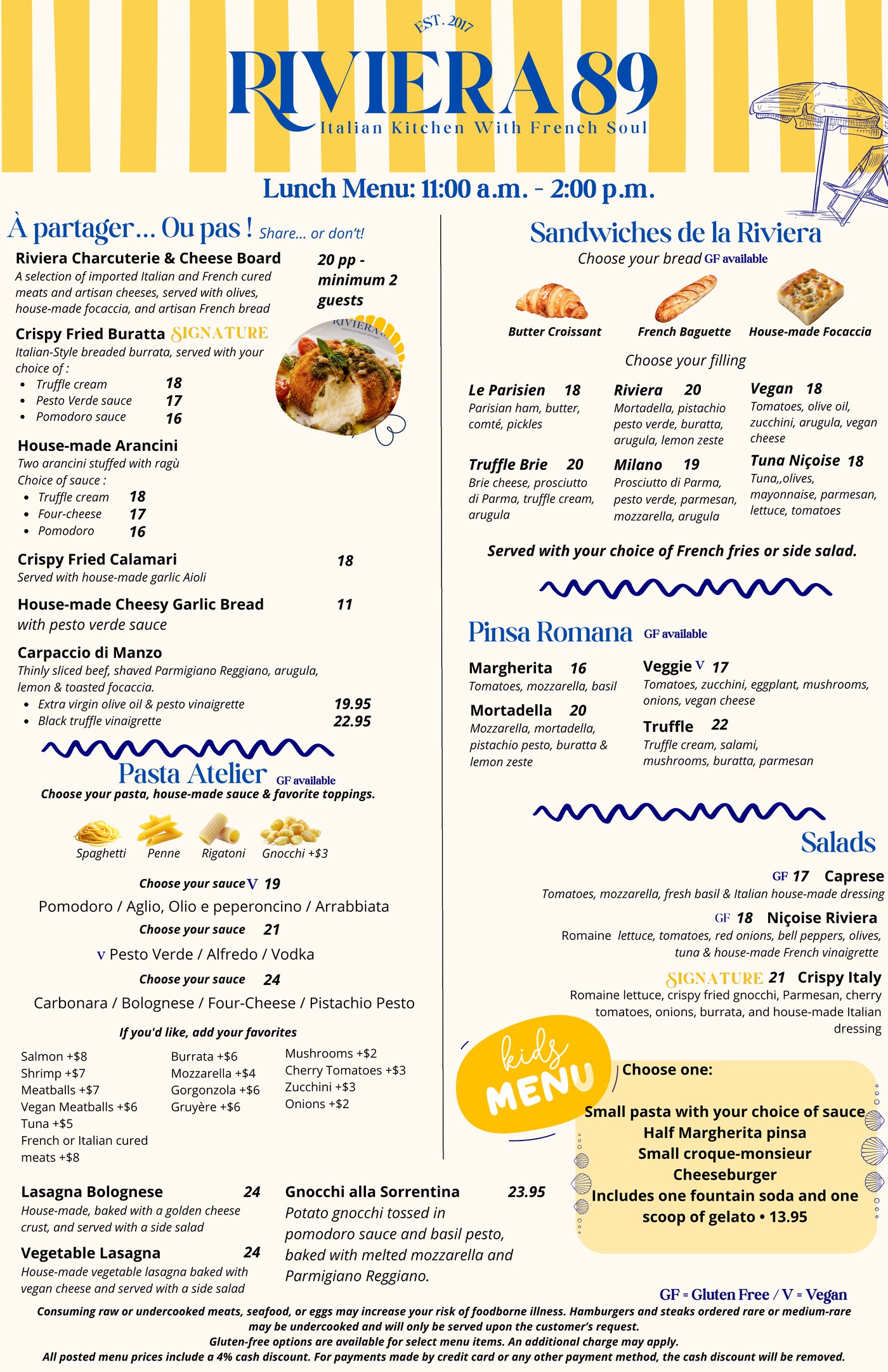Riviera 89 Lunch menu, page 1